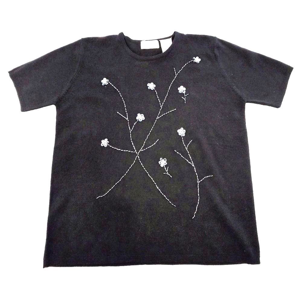 VTG 90s America Collection Beaded Top Small Black Silver Sequin Floral Hong Kong